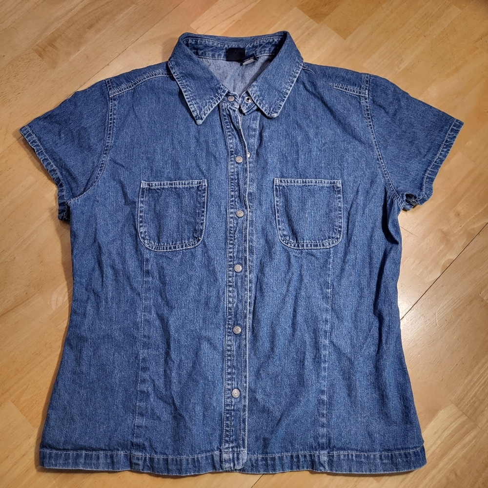 Vintage GAP Short Sleeve Denim Jean Snap Shirt  XL  Grunge Western